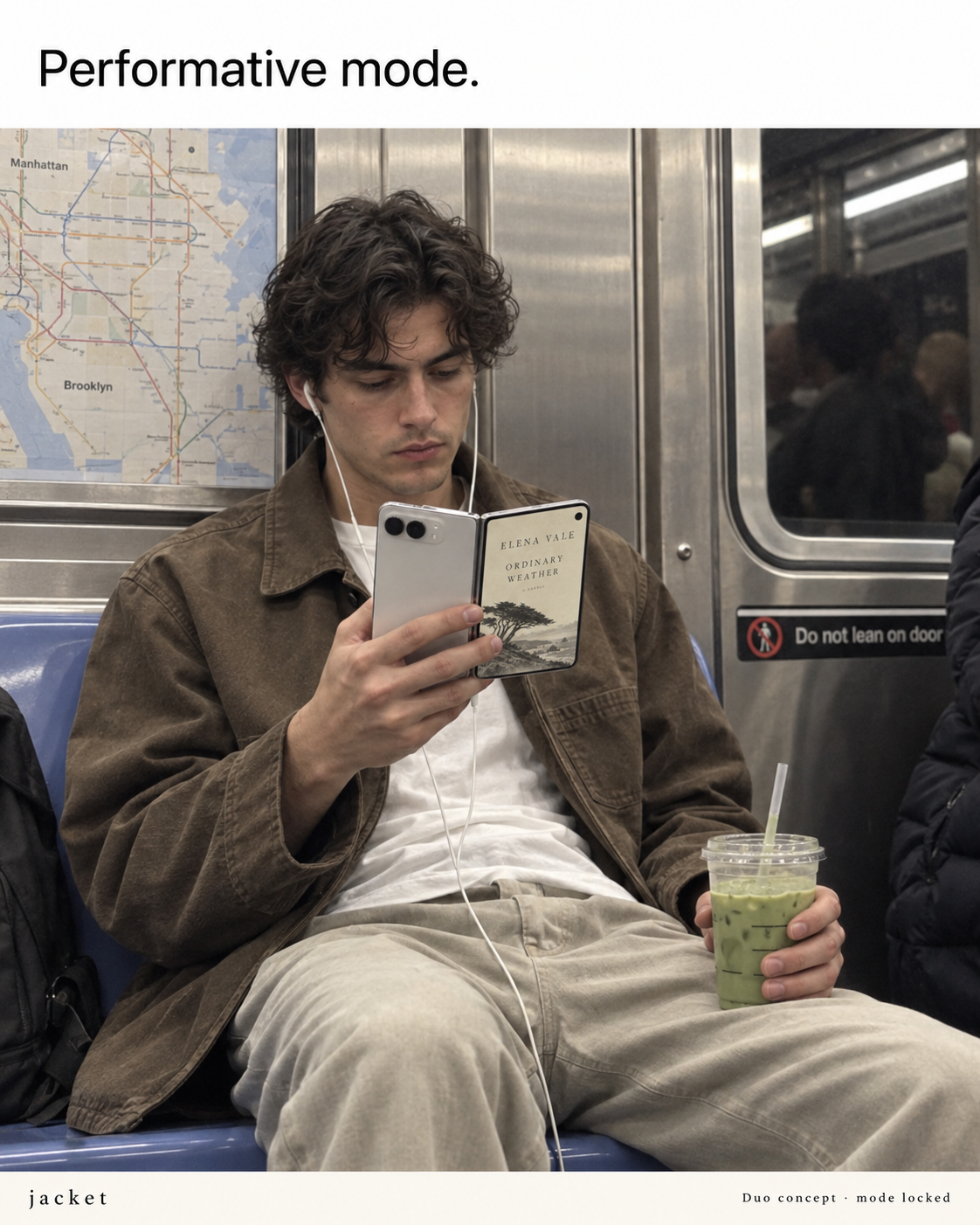 A commuter in a brown jacket holds an iced matcha and a folding phone displaying Ordinary Weather.