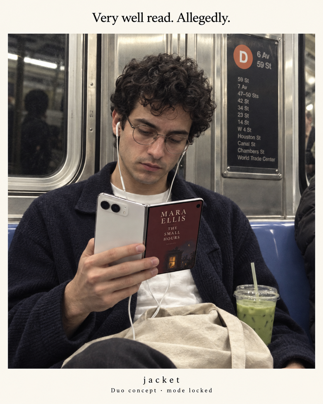A commuter with glasses and wired earbuds displays The Small Hours on a folding phone.