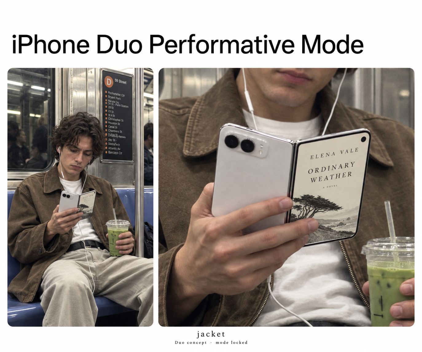 Two panels show a subway commuter holding an open folding phone and a close-up of its outward-facing Ordinary Weather book cover.